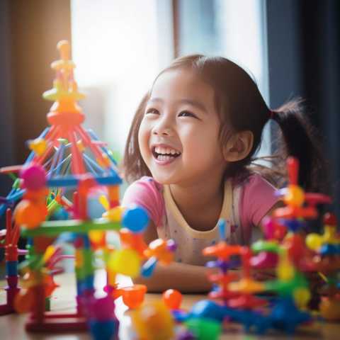 petite fille souriante avec bâton magnétiques