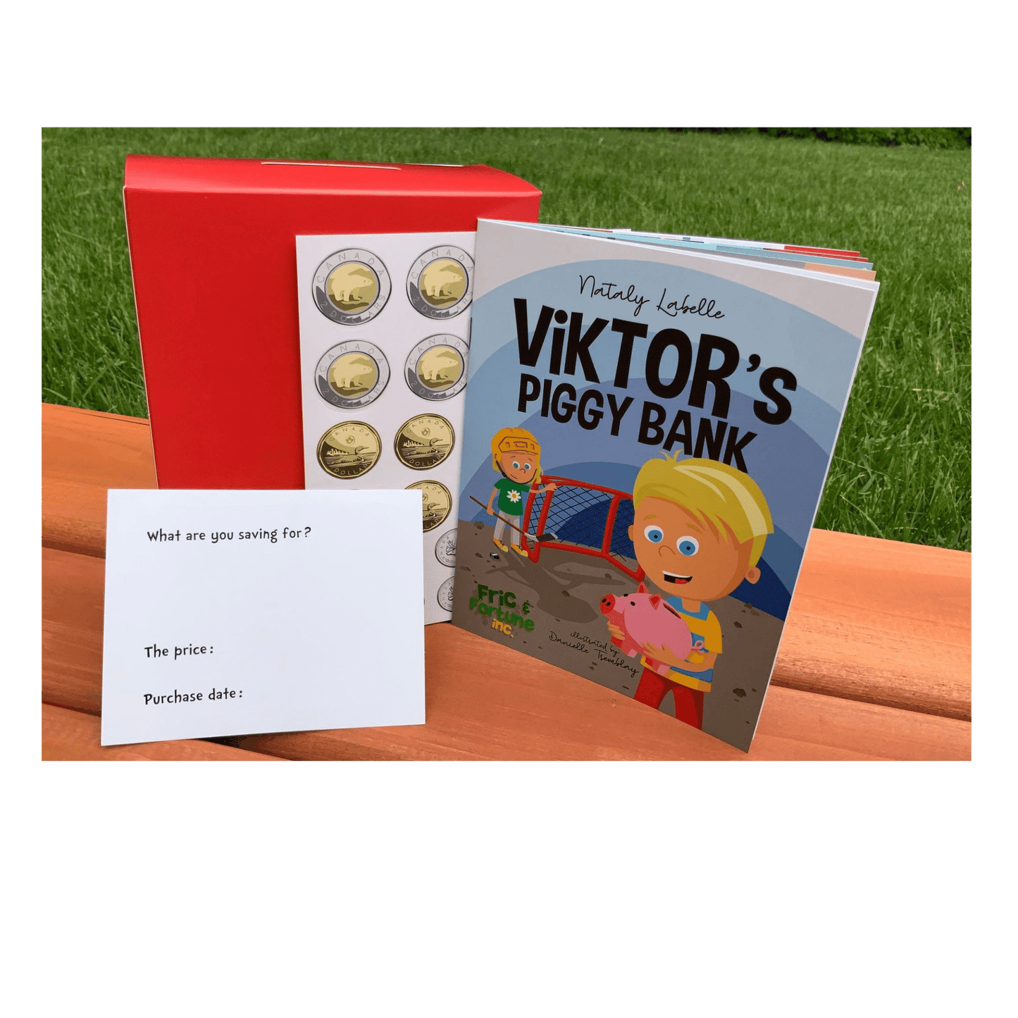 Viktor's piggy bank and book